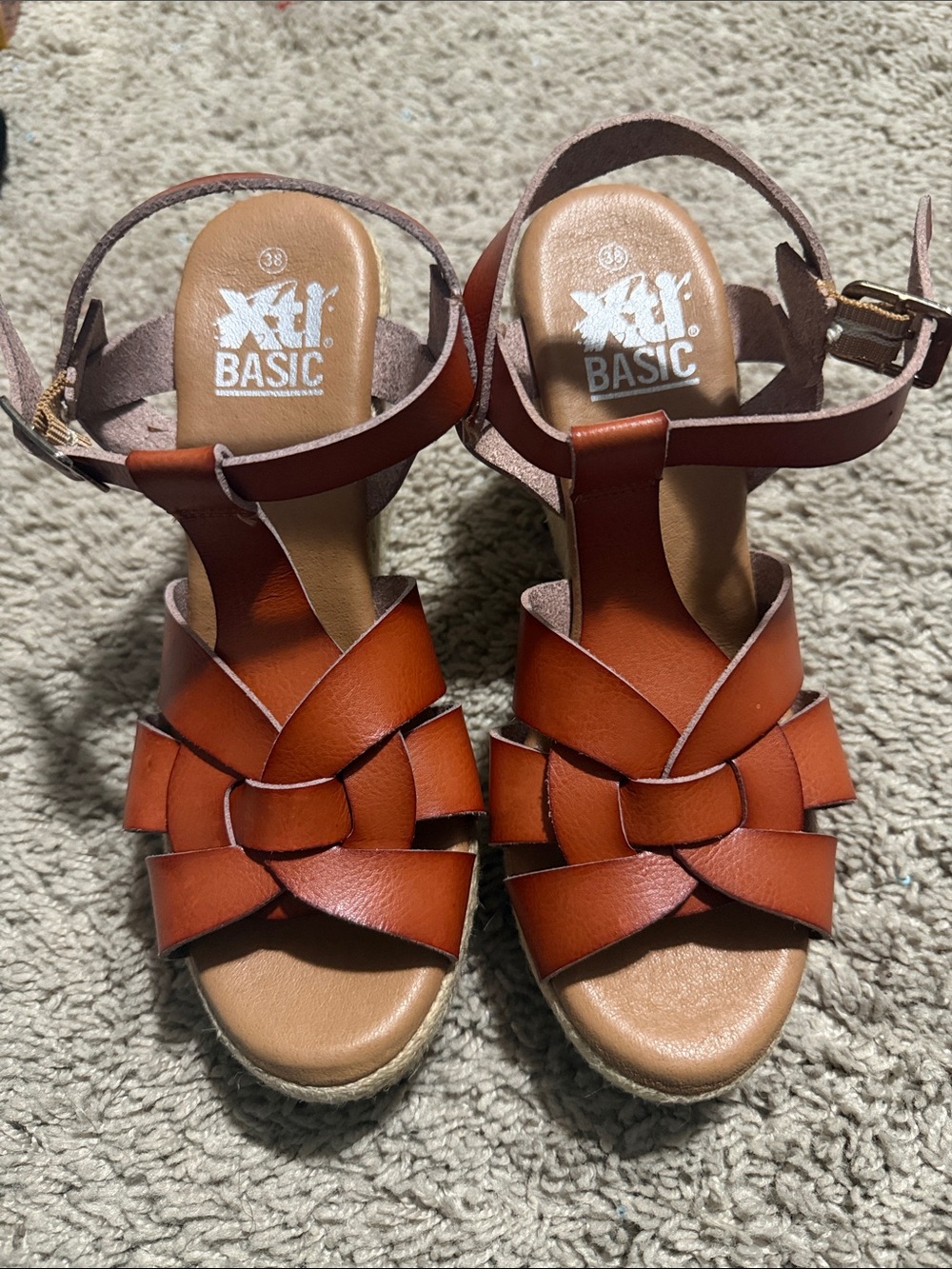 Women's Cognac Woven Leather Wedge Sandals